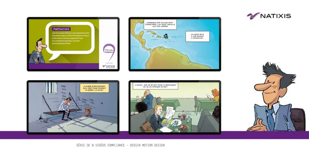 Videos, motioncomics compliance pour Natixis réalisées par Corporate Fiction
