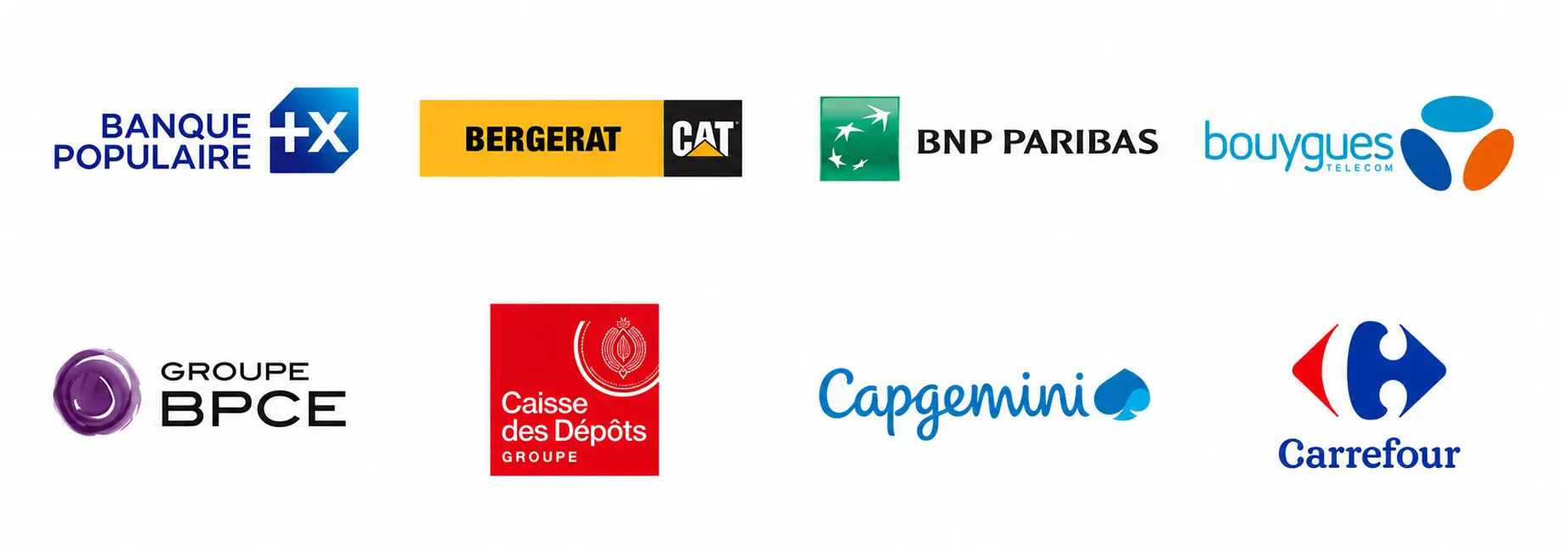 logos clients corporate fiction : Banque Populaire, BERGERAT, BNP PARIBAS, BOUYGUES TELECOM, BPCE, CAISSE DES DÉPÔTS CAPGEMINI, CARREFOUR