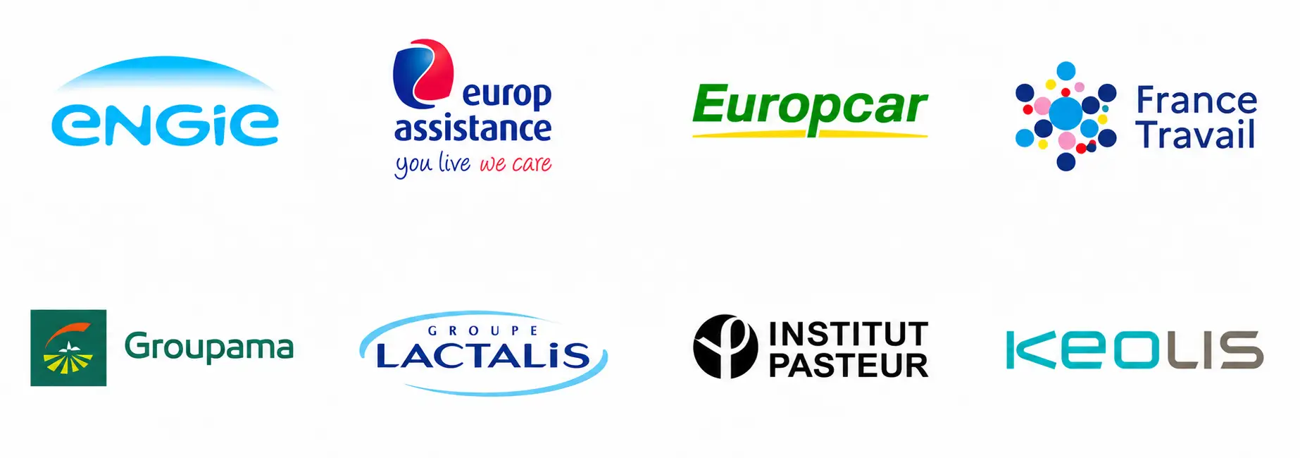 logos clients corporate fiction : ENGIE, EUROP ASSISTANCE, EUROPCAR, FRANCE TRAVAIL, Groupama, Groupe Lactalis, INSTITUT PASTEUR, KEOLIS