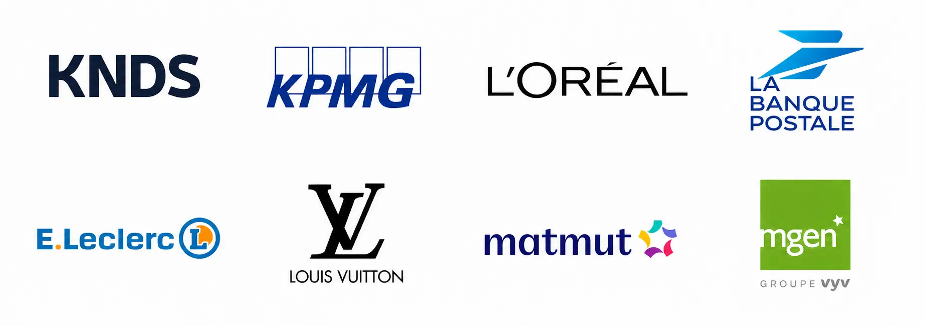 logos clients corporate fiction : KNDS, KPMG, L’OREAL, La Banque Postale, LECLERC, LOUIS VUITTON, MATMUT, MGEN