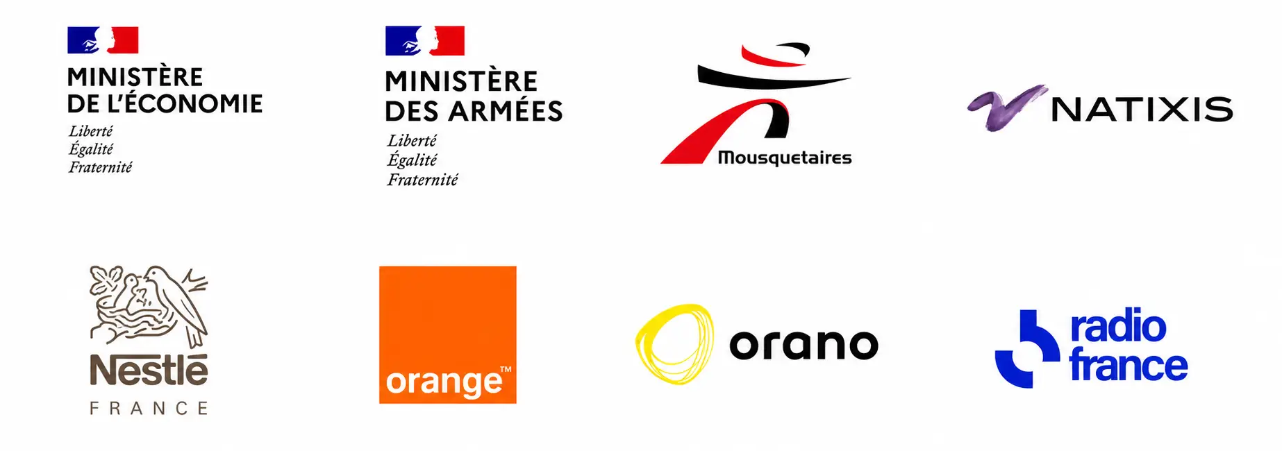 Logos clients corporate fiction : MINISTERE DE L'ÉCONOMIE MINISTERE DES ARMEES MOUSQUETAIRES NATIXIS NESTLE FRANCE SAS ORANGE ORANO RADIO FRANCE