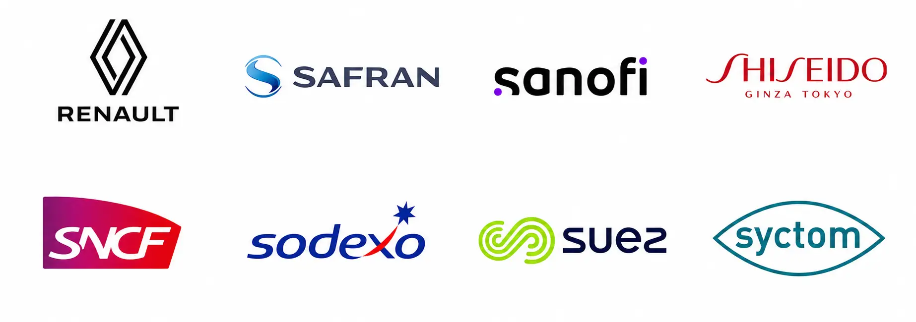 Logos clients corporate fiction : RENAULT SAFRAN SANOFI SHISEIDO SNCF SODEXO SUEZ SYCTOM
