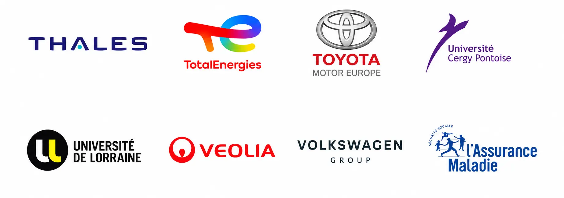 Logos clients corporate fiction : THALES TOTALENERGIES TOYOTA MOTOR EUROPE Université Cergy Pontoise UNIVERSITE DE LORRAINE VEOLIA VOLKSWAGEN GROUP FRANCE SA ASSURANCE MALADIE